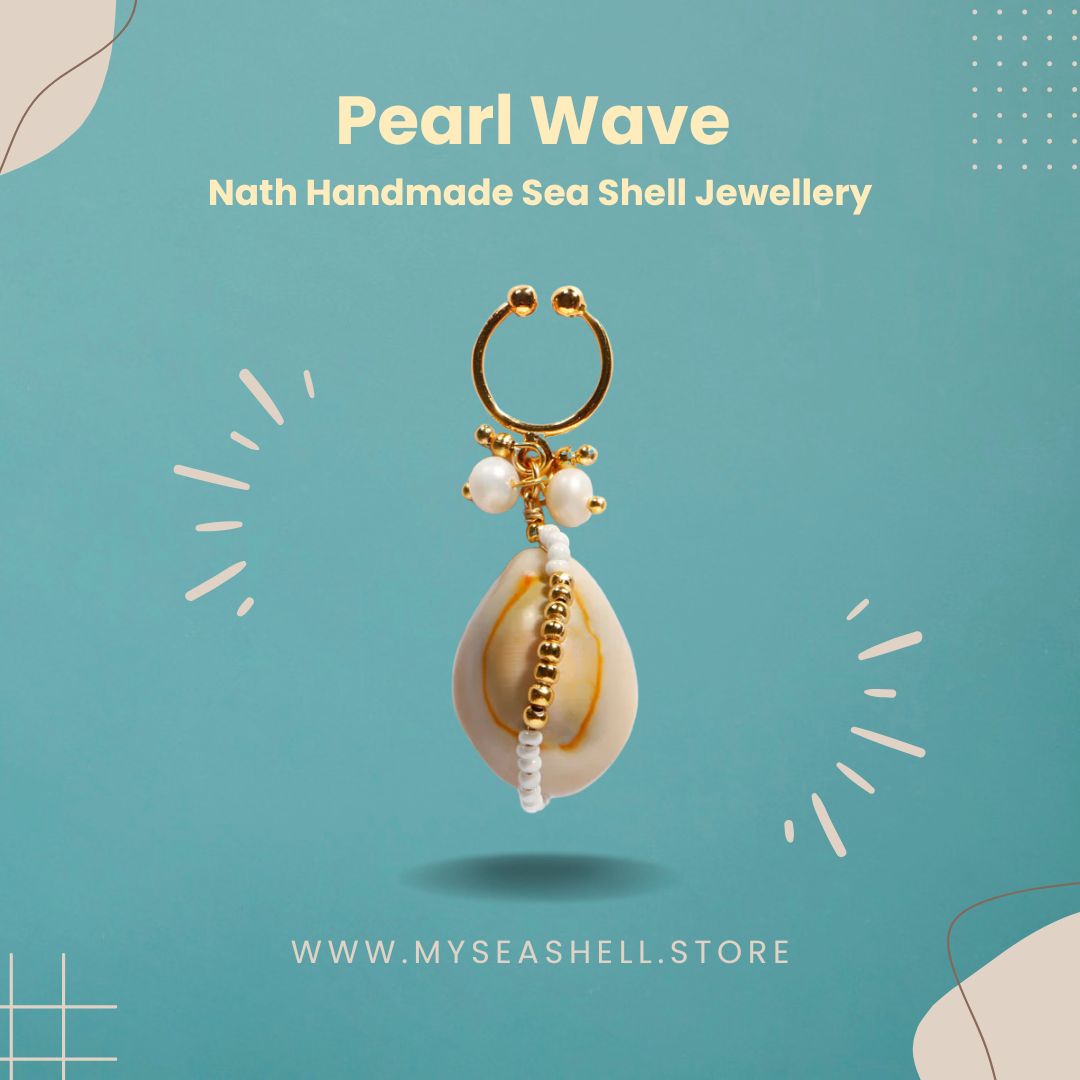 Pearl Wave Nath, handmade sea shell jewelry, 22kt gold-plated nath, traditional Indian nose ring, Haldi ceremony jewelry, wedding accessories, handcrafted shell nose ring, timeless jewelry