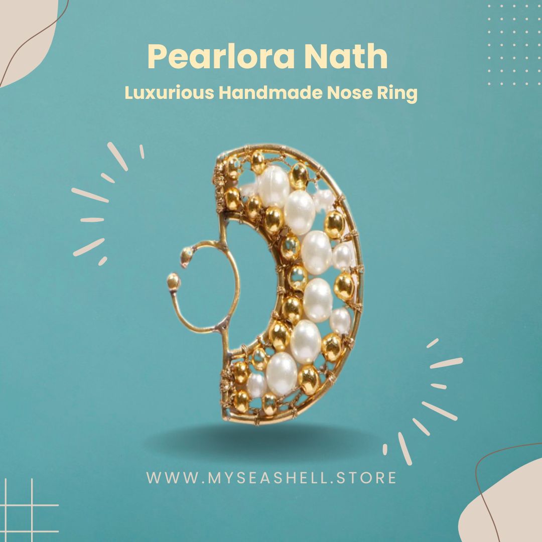 Sea Shell Jewellery,Handmade Nose Ring,Traditional Nath,Indian Bridal Jewelry,Pearl Nose Ring,22kt Gold Plated Nath,Brass Metal Jewelry,Wedding Nose Ring,Indian Ethnic Jewelry,Customizable Nose Ring,Pearl and Gold Nose Ring
